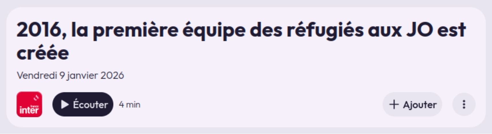 Cette émission de radio revient sur la création de la première équipe de réfugiés aux Jeux Olympique et son traitement dans l’actualité des réseaux sociaux.