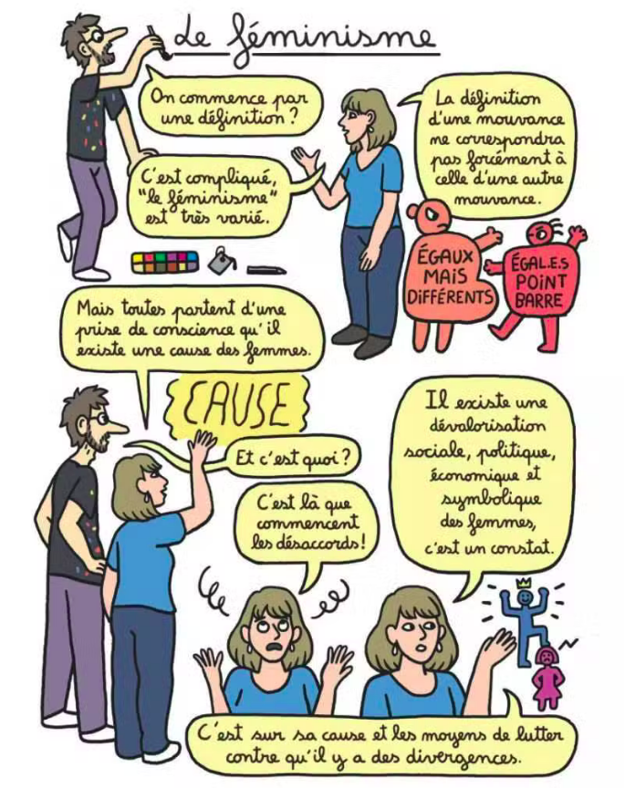 Cette planche de bande dessinée pédagogique explique que le féminisme rassemble des courants variés, mais qu’ils partagent la dénonciation de la dévalorisation sociale, politique, économique et symbolique des femmes, malgré des désaccords sur ses causes et les moyens de lutte.