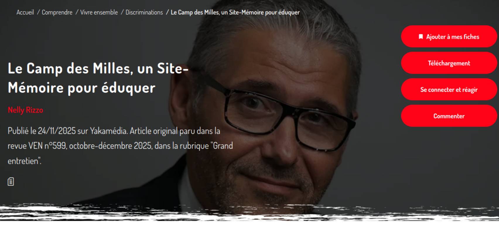 Cet entretien pédagogique présente le site-mémorial du Camp des Milles comme un lieu d’histoire, de formation et d’éducation s’appuyant sur une pédagogie du questionnement pour comprendre les mécanismes menant au racisme, à l’antisémitisme, aux discriminations et aux extrémismes, afin de mieux les prévenir.